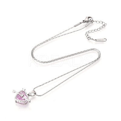 304 Stainless Steel Brass Cubic Zirconia Heart with Arrow Pendant 304 Stainless Steel Chain Necklaces NJEW-T018-07P-1