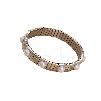 304 Stainless Steel & Plastic Pearl Beads Stretch Bangles for Women WG0AFE3-01-1