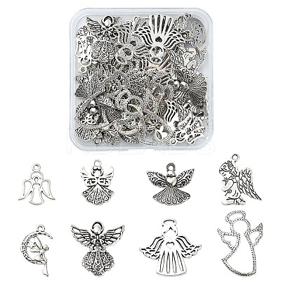 50Pcs 8 Styles Tibetan Style Alloy Moon with Fairy Pendants FIND-YW0005-15-1