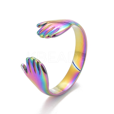 Ion Plating(IP) Rainbow Color 304 Stainless Steel Double Hand Hug Open Cuff Ring for Women RJEW-C025-08A-M-1