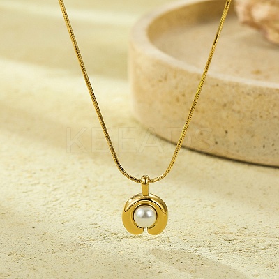 304 Stainless Steel Pave Shell Pearl Flat Round Pendant Necklaces for Women NJEW-U031-02G-1