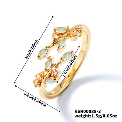 Exquisite Brass Cubic Zirconia Willow Leaf Cuff Rings for Women UN6923-3-1