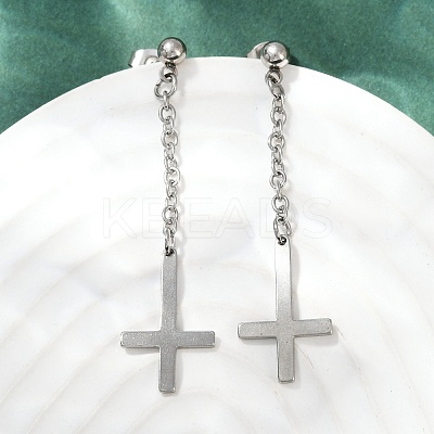 Christian Upside Down Cross 201 Stainless Steel Dangle Stud Earrings EJEW-P314-01B-P-1