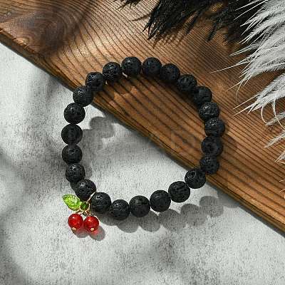 Natural Lava Rock Round Beaded Stretch Bracelet BJEW-JB09804-1