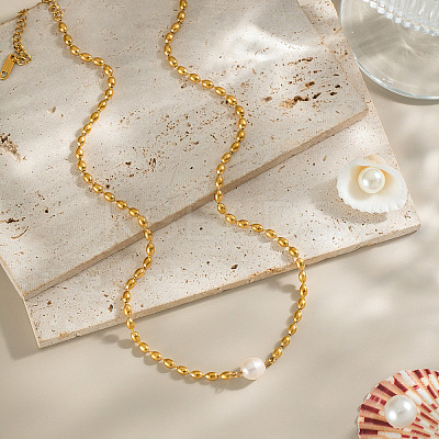 French Natural Freshwater Pearl Potato Stainless Steel Rice Beaded Necklaces for Women LS-KT1786-1