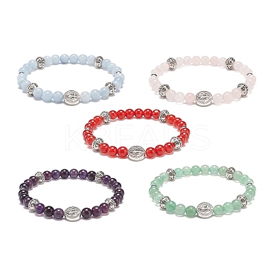 5Pcs 5 Style Natural Gemstone & Synthetic Hematite & Alloy Saint Benedict Beaded Stretch Bracelets Set for Women BJEW-JB08965-1