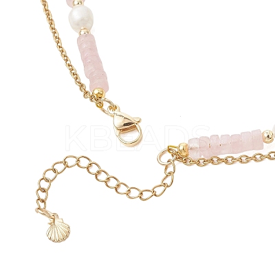 Natural Rose Quartz Heishi Beads and Rice Natural Pearl Beaded Double Layer 304 Stainless Steel Starfish Pendant Necklaces NJEW-JN05847-03-1
