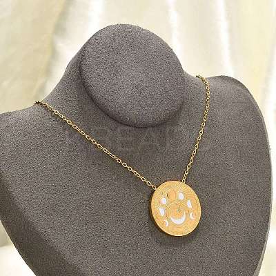 304 Stainless Steel Clear Cubic Zirconia Moon Phase Flat Round Pendant Necklaces LS-NJEW-R018-03G-1
