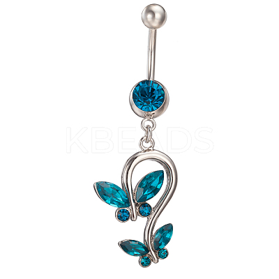 Piercing Jewelry Real Platinum Plated Brass Rhinestone Double Butterfly Navel Ring Belly Rings AJEW-EE0001-41B-1