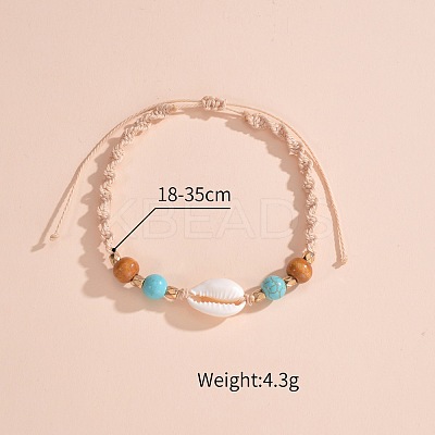 Adjustable Natural Cowrie Shell & Round Wood & Synthetic Turquoise Beaded Cotton Cord Braided Anklets for Women FS-WG3A61A-01-1