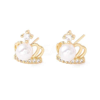 Clear Cubic Zirconia Crown Stud Earrings with Acrylic Pearl EJEW-F282-37G-1