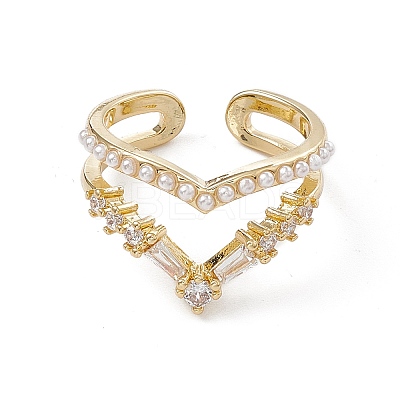 Clear Cubic Zirconia Crown Open Cuff Ring with Plastic Pearl Beaded RJEW-G276-13G-1