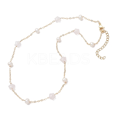 Natural Rose Quartz Star & Natural Freshwater Pearl & Brass Link Chain Necklaces NJEW-JN05687-01-1