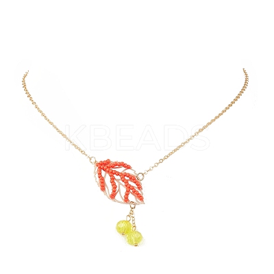 3Pcs 3 Colors Handmade Glass Seed Beaded Leaf Shape Pendants Brass Cable Chain Necklaces for Women NJEW-MZ00127-1