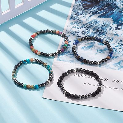 Natural Gemstone & Synthetic Hematite Round Beaded Stretch Bracelet for Women BJEW-JB08305-1
