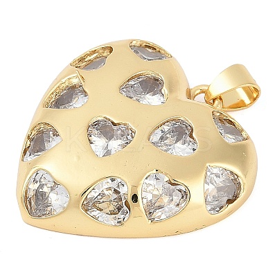 Rack Plating Heart Brass Micro Pave Clear Cubic Zirconia Pendants KK-P287-37G-1