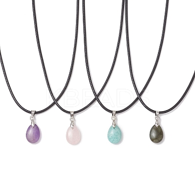 4Pcs 4 Styles Natural Labradorite & Amazonite & Rose Quartz & Amethyst Teardrop Pendant Necklaces NJEW-JN05229-1