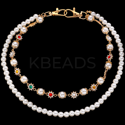 1Pc Plastic Imitation Pearl Round Beaded Alloy Rhinestone Link Chain Double Layered Chain Belts for Pants AJEW-CP0009-84-1