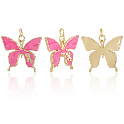 7Pcs 7 Styles October Breast Cancer Pink Awareness Ribbon Brass Enamel Pendants KK-BBC0020-36-1