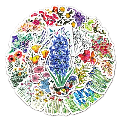 50Pcs Mixed Styles Flower Pattern Waterproof PVC Plastic Stickers STIC-PW0001-367-1