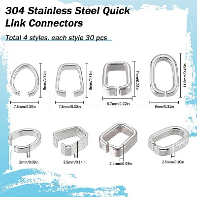 120Pcs 4 Styles 304 Stainless Steel Quick Link Connectors STAS-SC0005-53-1