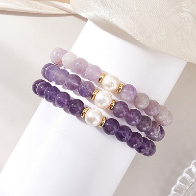 3Pcs Round Natural Lavender Amethyst & Amethyst & Pearl Beaded Stackable Stretch Bracelets Sets BJEW-JB12994-1
