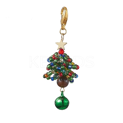 Christmas Tree Glass Seed Beads & Natural Tiger Eye Pendant Decorations HJEW-MZ00075-1