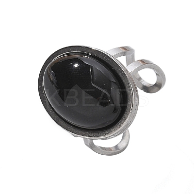 Oval Natural Black Agate Finger Rings RJEW-M062-02P-03-1
