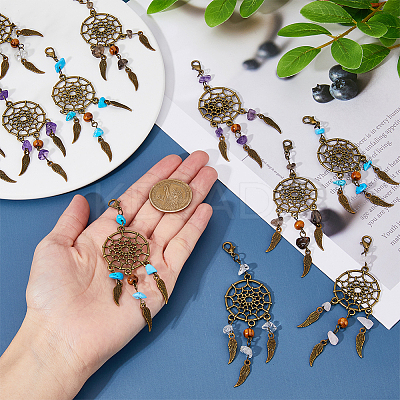 Tibetan Style Alloy & Gemstone Chip Woven Net/Web with Feather Pendant Decoration HJEW-AB00526-1