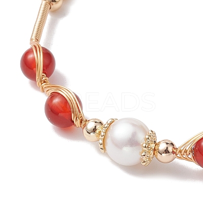 Natural Carnelian Round Beaded Cuff Bangle BJEW-JB10113-03-1