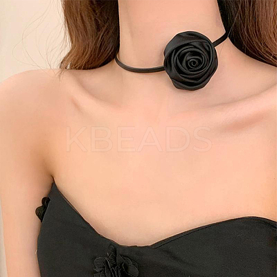 1Pc Fabric French Rose Flower Pendant PU Leather Choker Women's Necklaces NJEW-CL0001-06B-1