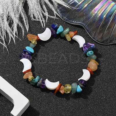 Natural & Synthetic Mixed Gemstone Chips & Shell Beaded Stretch Bracelet BJEW-JB09897-02-1