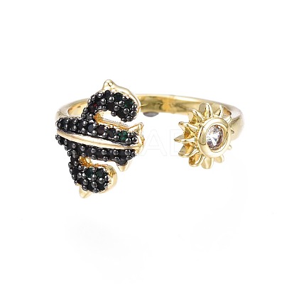 Black Cubic Zirconia Cactus and Sun Open Cuff Ring for Women RJEW-N035-087-1