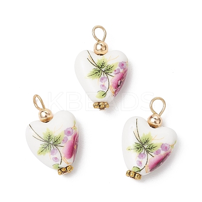 Heart Shaped Pink Floral Printed Porcelain Pendants PALLOY-JF03972-1