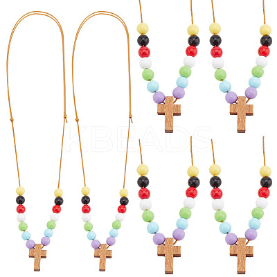 Wood Cross with Acrylic Beaded Pendant Necklaces for Women NJEW-AB00014-1