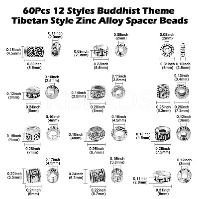 60Pcs 12 Styles Buddhist Theme Tibetan Style Zinc Alloy Spacer Beads FIND-CJ0002-20-1