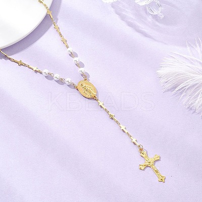 Round White Shell Pearl & Brass Rosary Bead Necklaces NJEW-JN05836-1