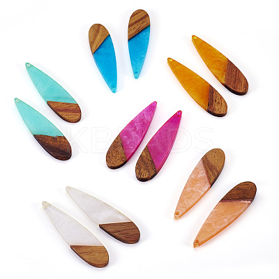 12Pcs 6 Colors Transparent Resin & Walnut Wood Big Pendants RESI-TA0003-45-1