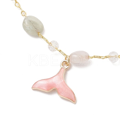 4Pcs 4 Styles Brass Handmade Natural Morganite & Amethyst & Labradorite & Green Onyx Agate(Dyed & Heated) Nuggets Link Chain Alloy Enamel Whale Tail Charm Anklets for Women AJEW-AN00709-1