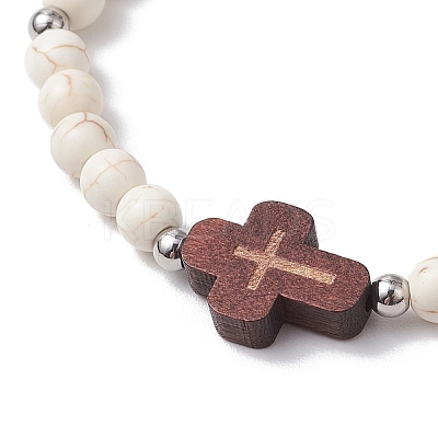 Cross Synthetic Turquoise & Wood Round Beads Stretch Bracelets for Men Women BJEW-JB11832-02-1