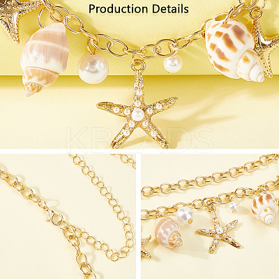 Bohemian Natural Shell & Plastic Imitation Pearl Tassel Chain Belts AJEW-CY0001-06A-1
