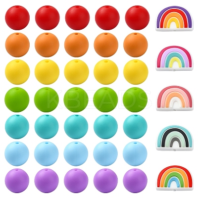 75Pcs Round/Rainbow Silicone Focal Beads SIL-YW0001-38-1