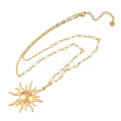 304 Stainless Steel with ABS Imitation Pearl Sun Pendant Necklaces NJEW-Z107-01G-1