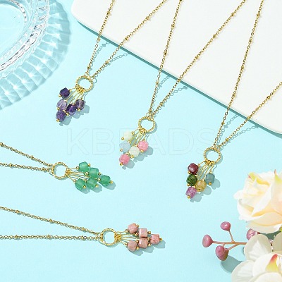 Natural Mixed Gemstone Faceted Cube Beaded Tassel Pendant 304 Stainless Steel Satellite Chain Necklaces for Women NJEW-JN06447-1