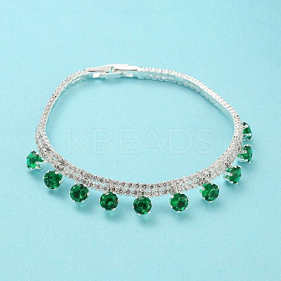 Green Cubic Zirconia Diamond Charm Bracelet with Rack Plating Brass Link Chains BJEW-Q771-03S-1