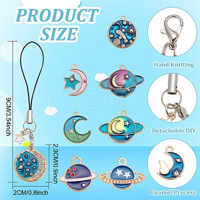 8pcs 8 style Cute Cartoon  Moon/Star/Planet Alloy Enamel Mobile Straps Lanyards HJEW-DR0001-01-1