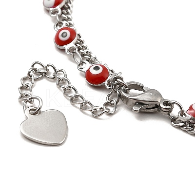 Red Enamel Evil Eye & 304 Stainless Steel Curb Chains Double Layer Multi-strand Bracelet with Charm for Women BJEW-C025-09P-1