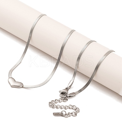 Non-Tarnish 304 Stainless Steel Heart Pendant Flat Snake Chain Necklaces for Women NJEW-G142-05P-1
