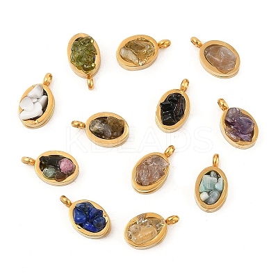 Natural Mixed Gemstone Chip 304 Stainless Steel Oval Charms KK-P300-10G-1