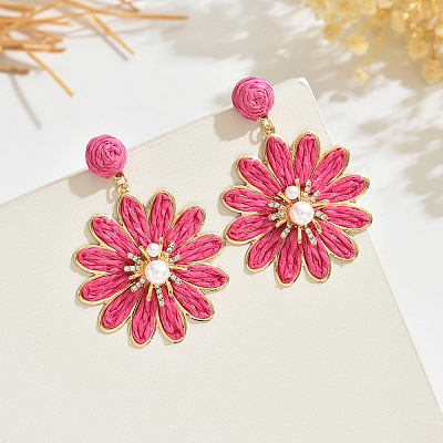 Flower Alloy Raffia Dangle Stud Earrings FS-WG63945-07-1